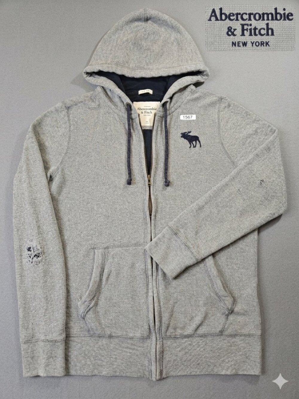 Vintage Y2K Abercrombie & Fitch Gray Waffle-Knit Full Zip Hoodie - Muscle Fit L